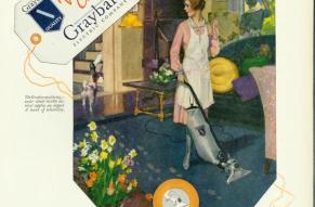 Advertisement for Graybar vacuum cleaners showing a woman doing spring cleaning in a home.
