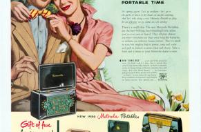 Advertisement for portable radios; illustrations of four radios and a man and woman.