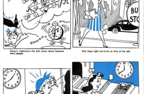 Four panel cartoon featuring workplace "dos and don'ts" based on characters Dazzy and Phyllis