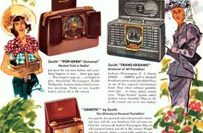 Ad for Zenith portable radios showing women with radios in various travel destinations.