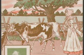 Cover to sheet music titled "I'll Wait For You 'till the Cows Come Home". Color illustration of a  young woman walking with cows in a rural landscape.