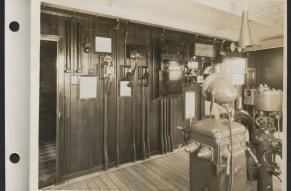 Black and white image of what appears to be a communications room aboard the S.S. Malolo.