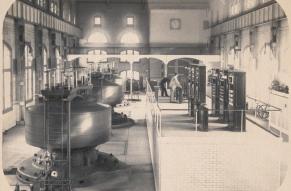 Interior view of a late 19th century hydroelectric power plant.