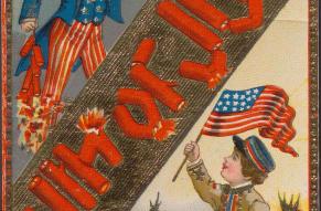 Postcard with color illustrations of a child in military dress waving American flags and Uncle Sam with fireworks. Firework motifs are spread throughout, including firework sticks spelling out "4th of July".