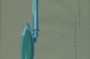 Design drawing for a microphone. Illustrated in color in blues and greens on gray paper. 