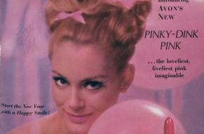 Advertisement for pink lipstick. Woman holding a balloon, overwhelmingly pink-hued color scheme.