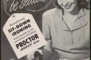 Pamphlet advertising a sit-down ironing board. Black and white photo of product in use.
