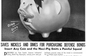 Advertisement for a "squealing Nazi" piggy bank styled after Adolph Hitler.