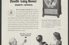 Adfor Zenith "Lazy Bones" remote control system. Illustrations of the product in use and text.