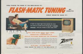 Advertisement showing color images of a woman using 1956 Zenith television remote, with ad copy and a close up image of the remote.