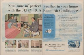 Double spread ad for RCA air conditioners with illustrations of a family in various household rooms