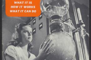 Pamphlet titled "Radio Heat" showing a black and white photo of a girl touching a large scientific apparatus.