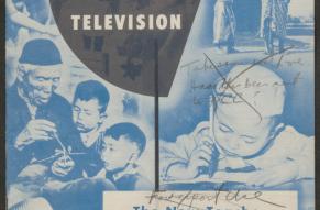 Cover of a pamphlet titled "Television: The New Teacher". Background photos of children.