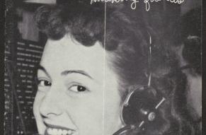 Pamphlet with a black and white photograph of a woman wearing a headset at a switchboard.