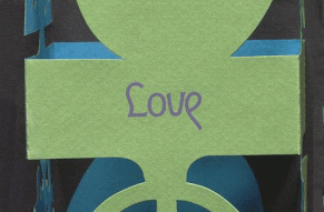 Gif showing four sides of a Christmas card with paper cut outs of holiday and peace themed symbols. Text on each side reads 'peace', 'love', 'happiness', and 'Irv Koons'