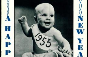 Cover of Newport News with a photo of a baby wearing a "1953" sash and the message "Happy New Year"