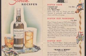 Pamphlet open to pages with color illustrations and recipes promoting scotch.