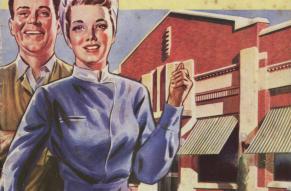Cover for pamphlet titled "This is where we work", color illustration of a man and woman in front of an automobile plant.