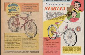 Pages from a comic-book style bike catalog showing a bike diagram and ad forthe Shwinn Starlet bike.