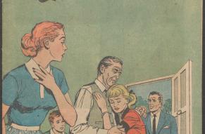 Comic book cover illustration; an alarmed family and a girl weeping into her father's chest.