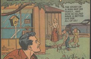 Cover of a comic book titled A better life for you! Illustration shows a suburban family in a yard.