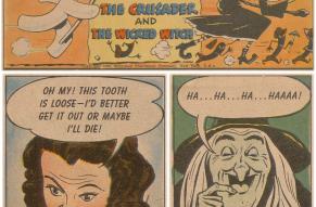 Color illustrations from a comic book about dental care featuring a witch and small children.