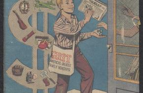 Comic book cover with illustration of a boy selling 'Grit' newspapers door to door.