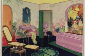 Color illustration of a very colorful bathroom featuring wall murals.