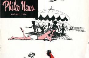 August 1954 cover of Philco News magazine. Partial color illustrations show a family arriving at, enjoying, and leaving a beach, with the father figure getting progressively more sunburned.