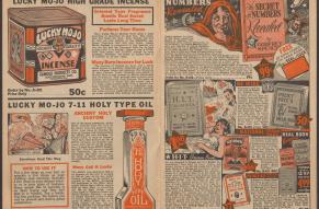 Open pages of a catalog of novelties, featuring incenses, lucky oil, and occult and magic books.