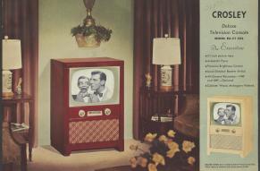 Color advertisement showing a Crosley television control in a 1950s living room