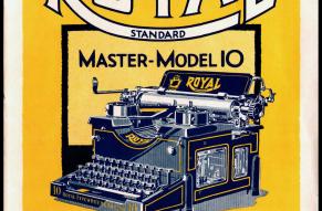 Cover of a typewriter catalog featuring an illustration of a typewriter on a yellow background