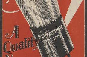 Red catalog with a black and white illustration of a Sonatron vacuum tube.