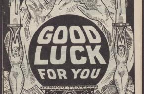 Black and white illustration on a catalog cover featuring someone peering into a crystal ball. Title reads 'Good Luck for You'