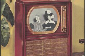 Color image of a television set in a domestic room with 1950s decor.