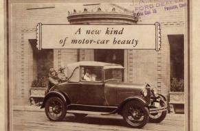 Cover of a Ford catalog titled "A new kind of motor car beauty", with black and white photograph of a Ford automobile with passengers and a driver.