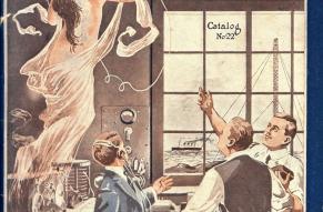 Catalog cover showing men in a laboratory being visited by a female spirit personifying technology.