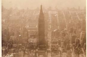 Sepia toned aerial photograph of the Empire State Building.