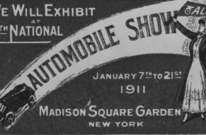 Black and white advertisement for an automobile show featuring an automobile and a woman holding a pennant.