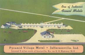postcard for a motel in indiana, featuring illustration of a bird's eye view of the facilities