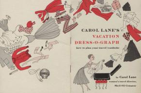 Front and back cover of "Carol Lane's Vacation Dress-O-Graph". Features an illustration of a woman packing a suitcase and an array of clothing.