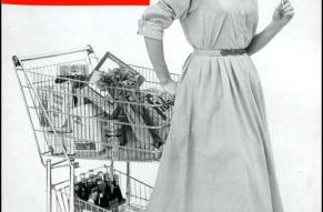 Magazine cover featuring a black and white photograph of a woman pulling a shopping cart and holding a popsicle