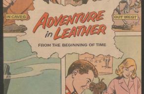 Illustrated comic book cover titled 'Adventure in leather from the beginning of time'