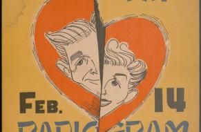 Yellow poster with a large red split heart in the center, with a man and woman's face on either side