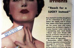 Cigarette ad. Color illustration of a woman with the tagline "Consider your Adam's Apple!!!"