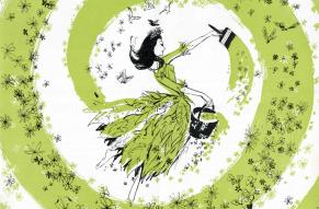 Magazine cover featuring a fairy-like figure with a paintbrush spreading a swirl of green flowers.