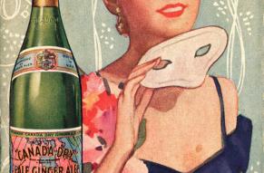Ad with color illustration of a woman holding a party mask. Text: When its Party Time its Canada Dry time.
