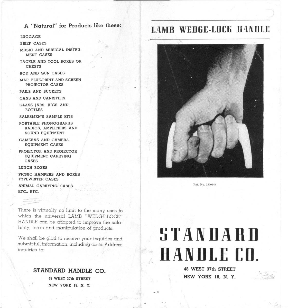 A brochure details that many ways the Wedge-Lock handle can be used with an illustration of someone gripping the handle.