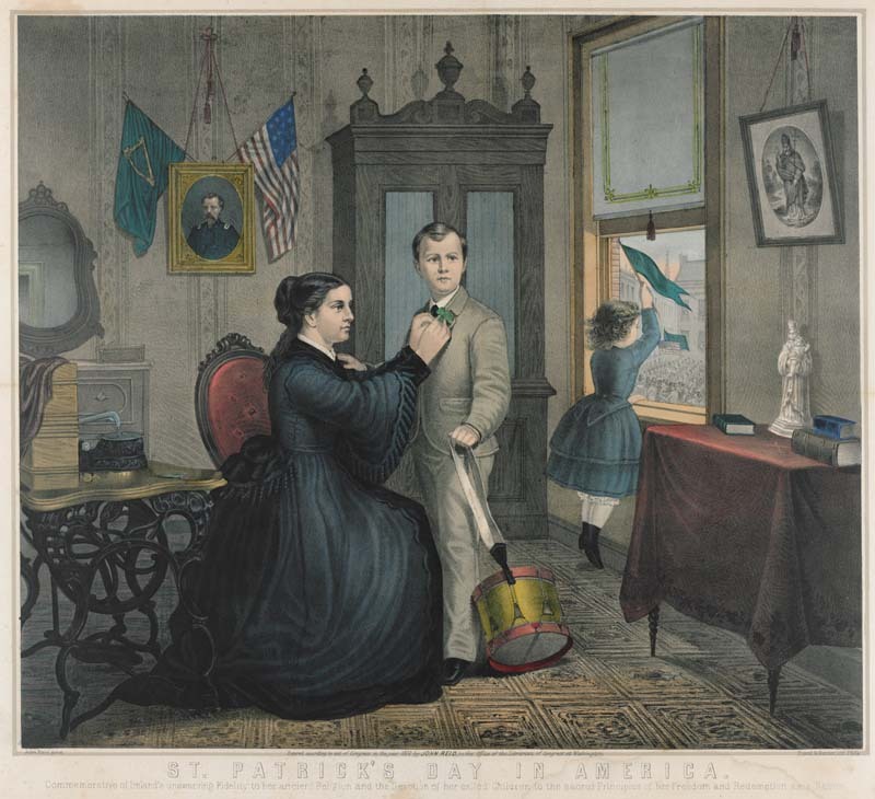 Print shows a mother pinning clover on son's suit and a girl standing a standing at an open window