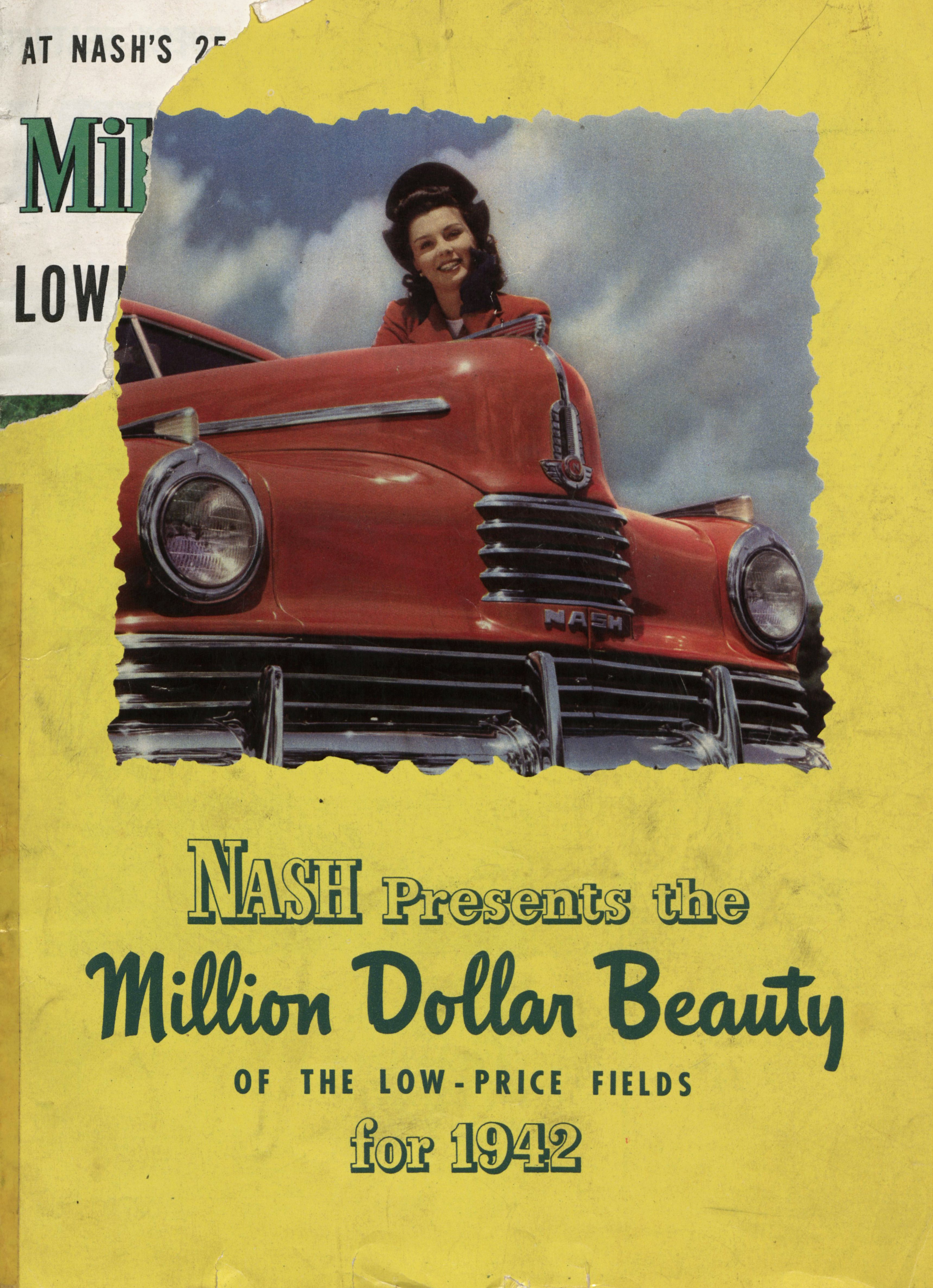 Catalog advertising Nash Automobile's 1942 "Million Dollar Beauty" with a photograph of a woman and the front of the car.